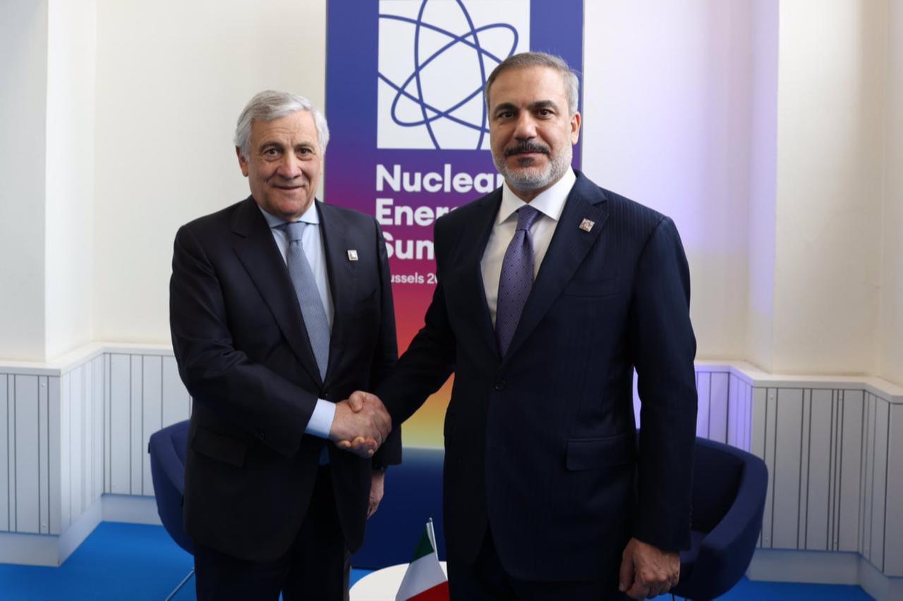 Foreign Minister Hakan Fidan meets Antonio Tajani, Deputy Prime Minister and Minister of Foreign Affairs of Italy, on the margins of the First Nuclear Energy Summit in Brussels, March 21, 2024. (Turkish MFA)