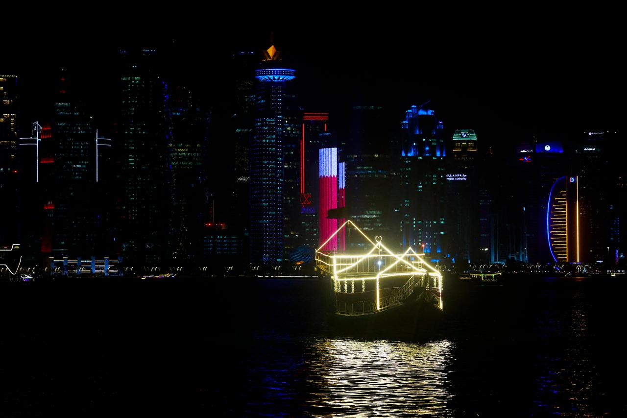 A picture shows a nightly view of the seafront corniche in Doha on September 9, 2025. (AFP Photo)