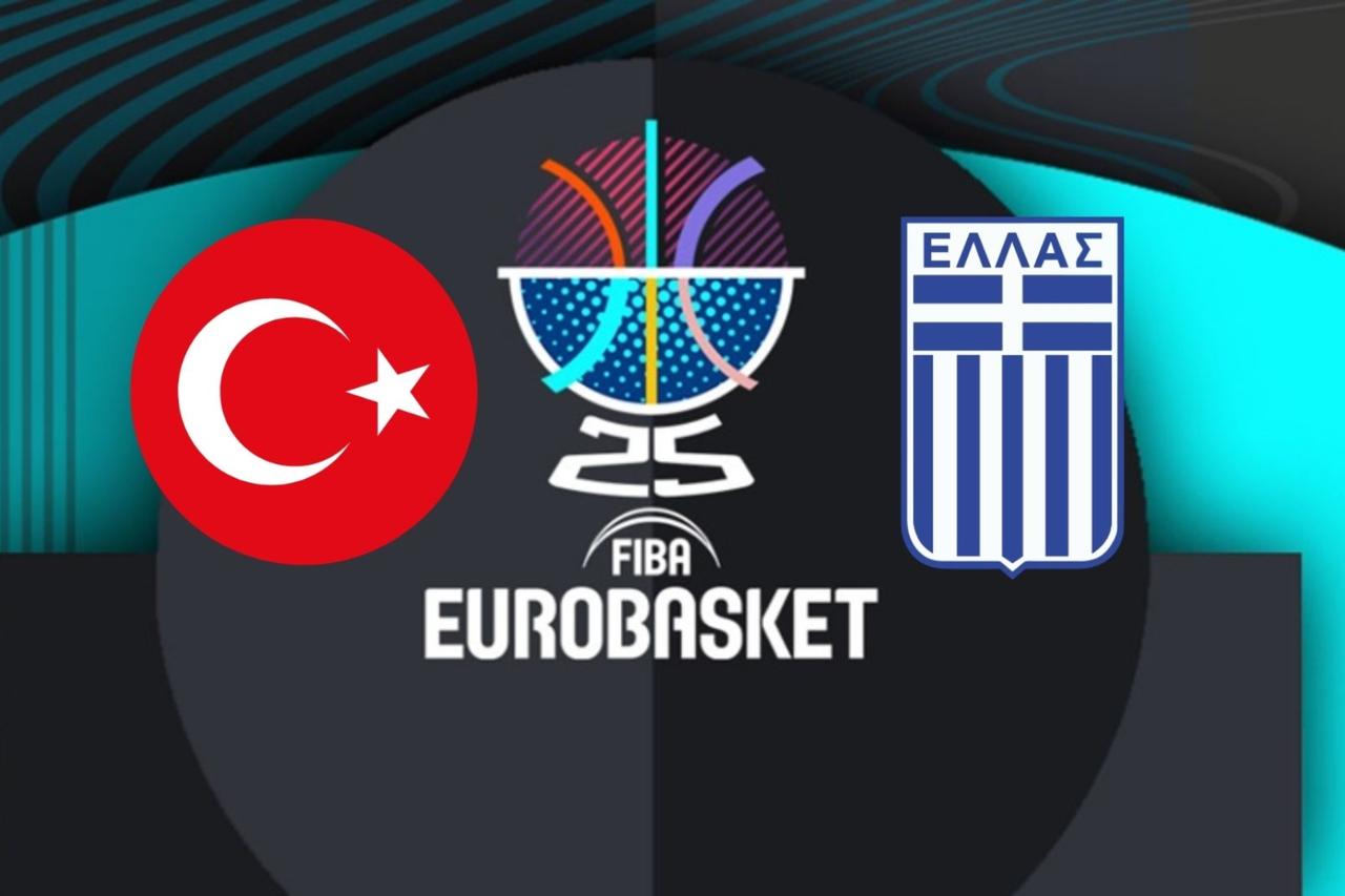 EuroBasket 2025 logo is flanked by the Turkish flag and Greece’s national emblem, Sept. 12, 2025. (Türkiye Today)
