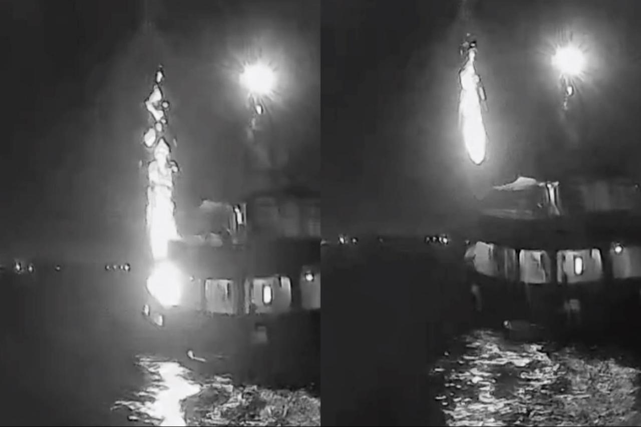 CCTV footage shows that The Global Sumud Flotilla (GSF), one of its main vessels, the  Family Boat,  was struck by what is suspected to be a drone off the coast of Tunisia, Sept. 9, 2025. (AA Photo)