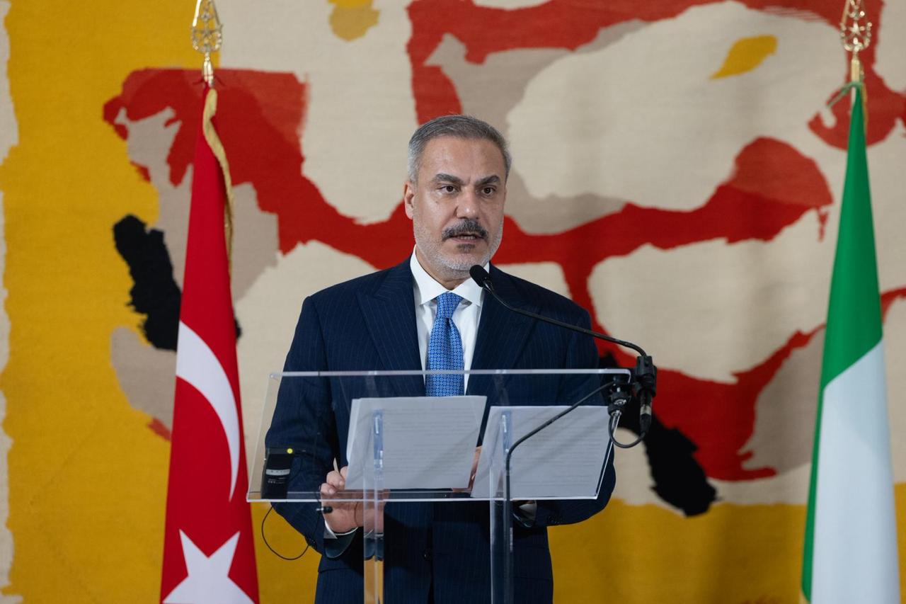 Foreign Minister Hakan Fidan and his Italian counterpart Antonio Tajani (not seen) hold a joint press conference in Rome, Italy, Sept. 11, 2025. (Photo via Turkish Foreign Ministry)