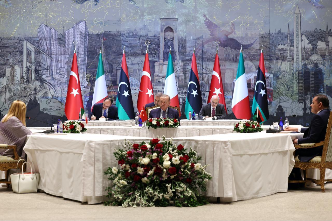 President Erdogan receives Italian PM Meloni and Libyan PM Dbeibeh at Dolmabahce Working Office in Istanbul, Türkiye, Aug. 1, 2025. (Photo via Turkish Presidency)
