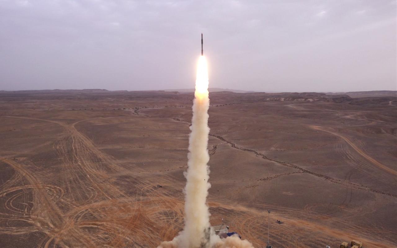The photo shows a missile that was launched from Israel's Barak MX air defense systems at an undated time and location. (Photo via IAI)