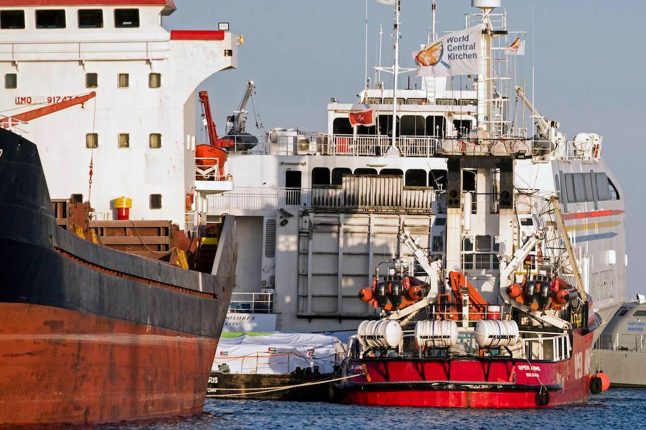 A vessel (C) is pictured in the Greek Cypriot port of Larnaca on March 11, 2024. (AFP Photo)
