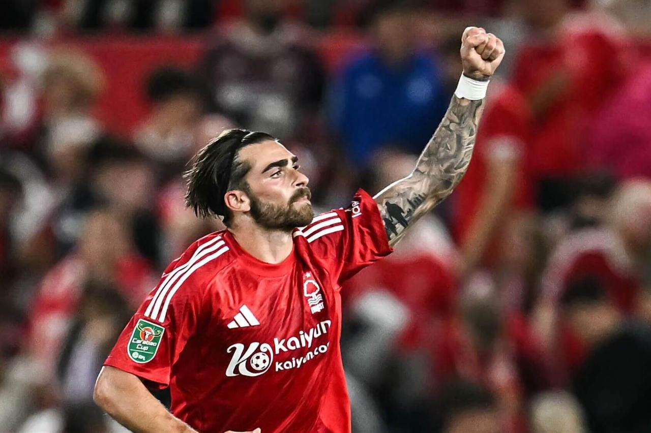 Nottingham Forest's Portuguese striker Jota Silva celebrates after scoring his team first goal during the English League Cup second round football match between Nottingham Forest and Newcastle United at The City Ground in Nottingham, central England, August 28, 2024. (AFP Photo)