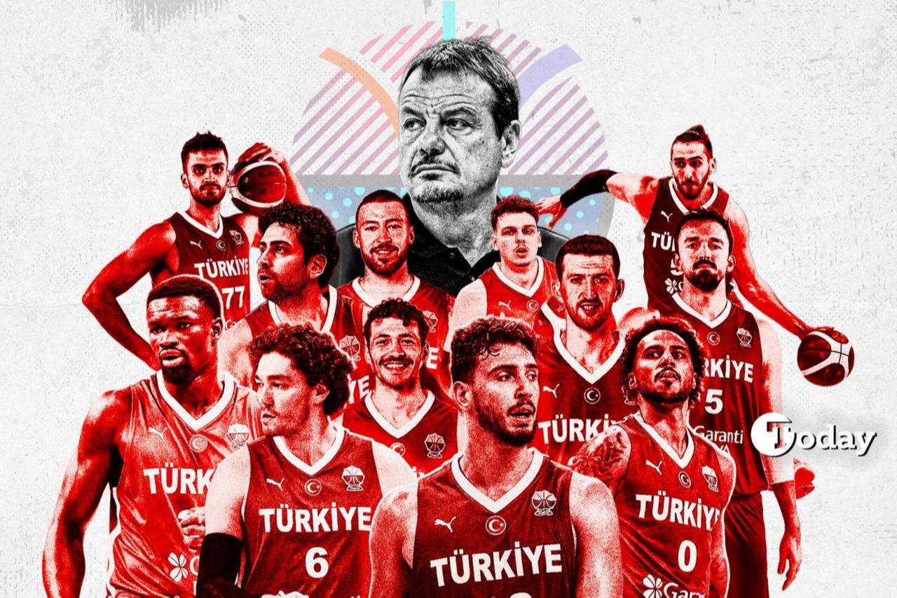 Illustration shows head coach Ergin Ataman and players of Türkiye’s men’s national basketball team ahead of the FIBA EuroBasket 2025 final. (Collage by Türkiye Today)