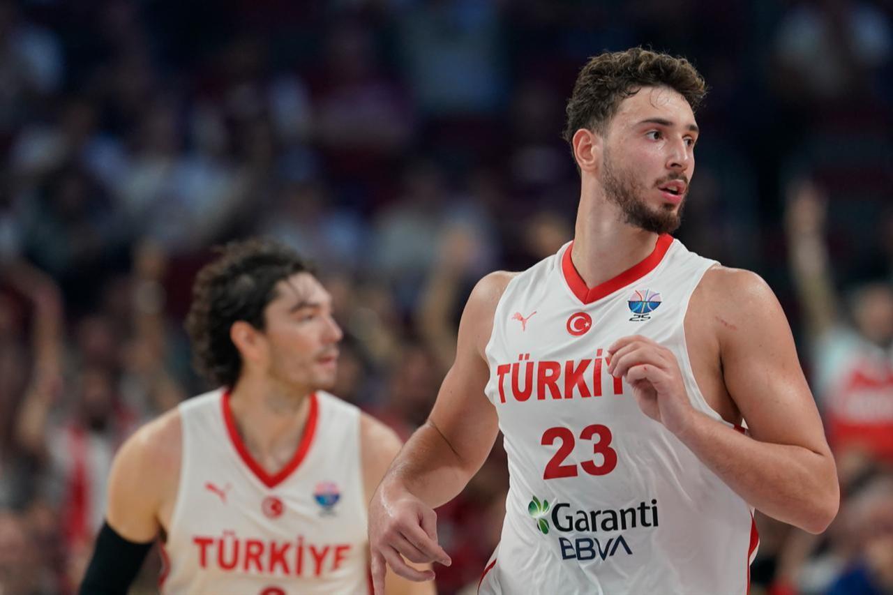 Alperen Sengun of Türkiye competes during the FIBA EuroBasket 2025 Group A match at Riga Arena in Riga, Latvia, September 3, 2025. (AA Photo)
