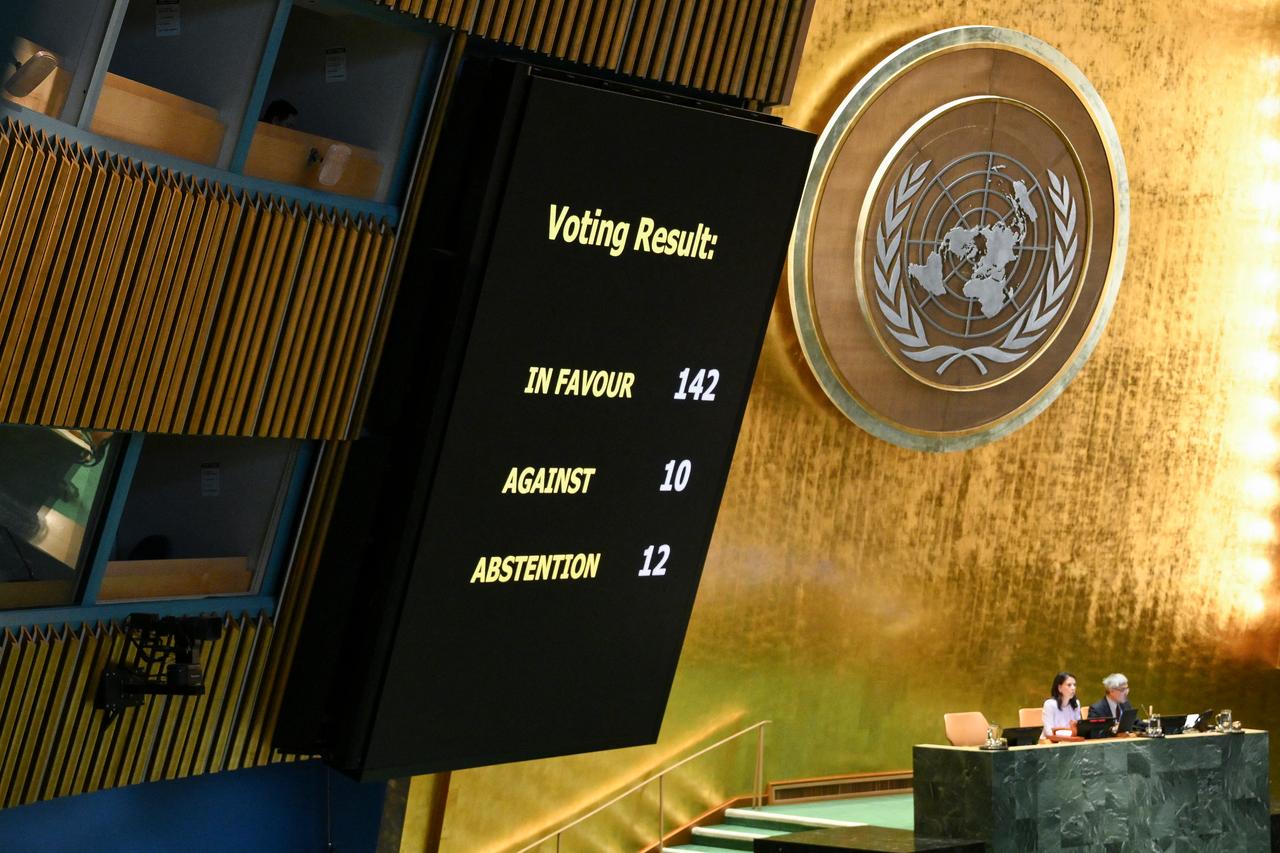 Results are displayed during a General Assembly meeting to vote on the two-state solution to the Palestinian question at United Nations headquarters (UN) in New York City, September 12, 2025. (AFP Photo)