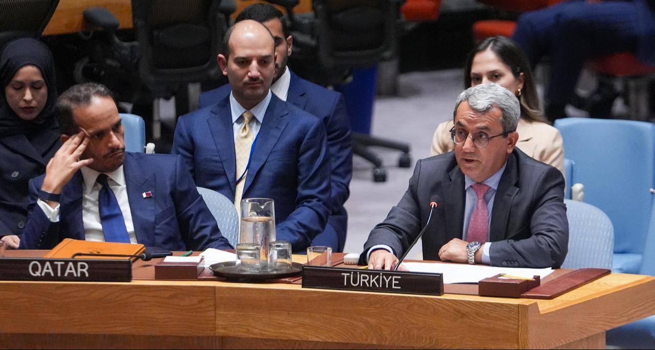 Türkiye's UN Permanent Representative Ahmet Yildiz speaking at an emergency meeting of UN Security Council, at U.N. headquarters in New York City, U.S., on Sept. 11, 2025. (AA Photo)