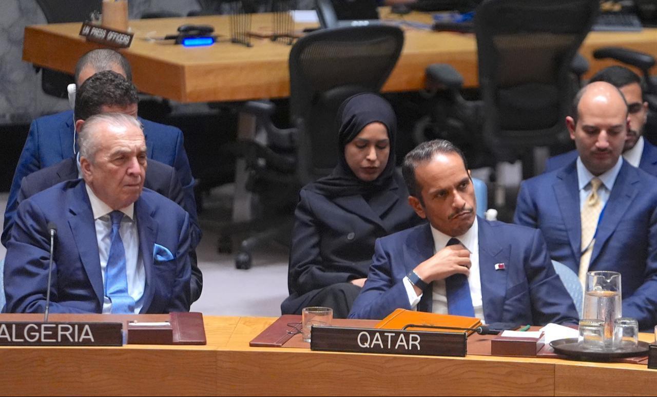 Prime Minister and Minister for Foreign Affairs of Qatar, Sheikh Mohammed bin Abdulrahman bin Jassim Al-Thani (R), attends the UN Security Council, at U.N. HQ in New York City, Sept. 11, 2025. (AA Photo)
