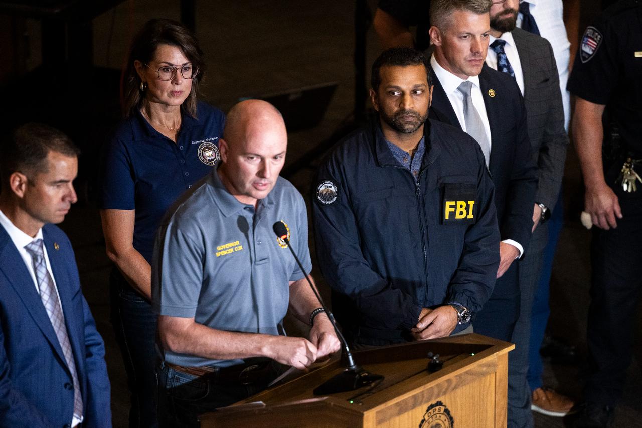 Governor of Utah Spencer Cox speaks at a press conference flanked by FBI director Kash Patel, Lieutenant Governor of Utah Deidre Henderson, and Commissioner Beau Mason following the fatal shooting of political activist Charlie Kirk during an event at Utah Valley University in Orem, Utah on September 11, 2025. (AFP Photo)