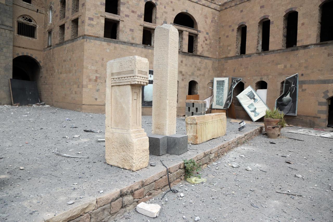 A view of the courtyard of the Yemen National Museum, where debris and damaged artifacts are seen after Israeli airstrikes on the capital Sanaa, Yemen, Sept. 11, 2025. (AA Photo)