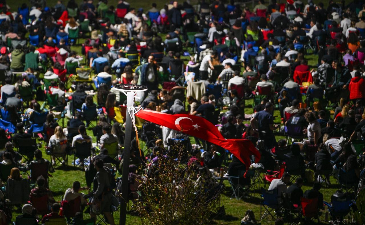 Supporters gather at Ataturk Forest Farm Natural Life Park to follow the EuroBasket 2025 semifinal match between Türkiye and Greece on a large public screen in Ankara, Türkiye, September 12, 2025. (AA Photo)