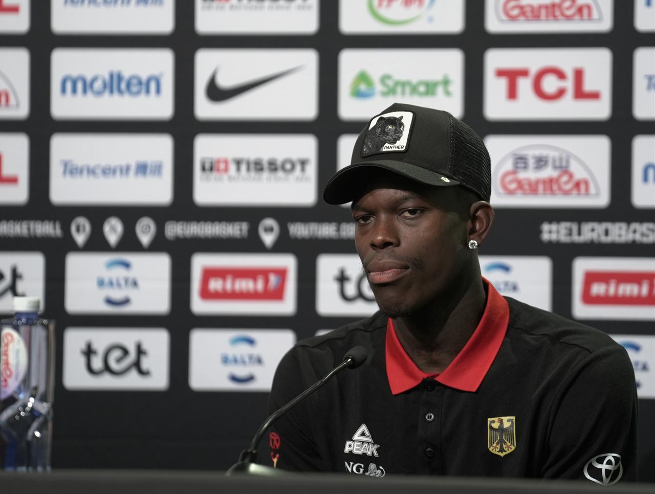 Dennis Schroder of Germany, speaks to the press at the Arena Riga ahead of 2025 European Basketball Championship (EuroBasket 2025) final match against Türkiye in Riga, Latvia, Sept. 13, 2025.  (AA Photo)