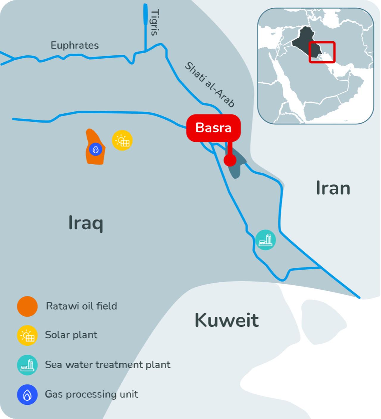 Map showing locations of Iraq’s Gas Growth Integrated Project (GGIP) components near Basra, including the Artawi oilfield, a planned solar plant, seawater treatment facilities, and gas processing units. (Image via totalenergies.com)