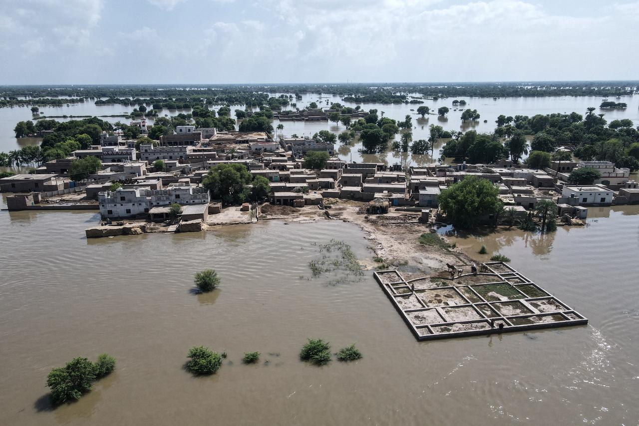 An aerial view shows partially submerged residential houses in Jalalpur Pirwala, in the Multan district of Pakistan's Punjab province, September 9, 2025. (AFP Photo)
