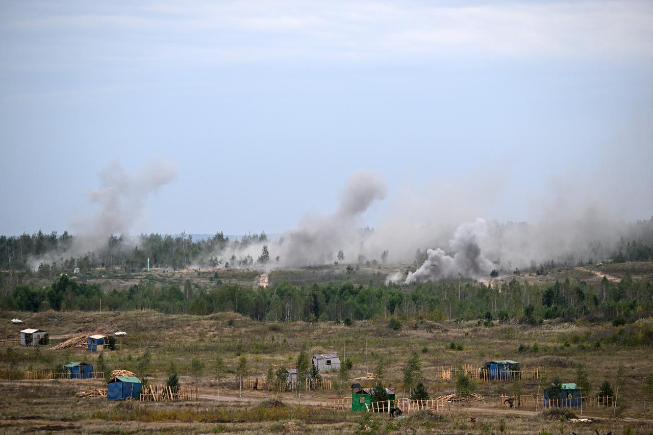 Explosions are seen during the "Zapad-2025" (West-2025) joint Russian-Belarusian military drills at a training ground east of the capital Minsk, Sept. 15, 2025. (AFP Photo)