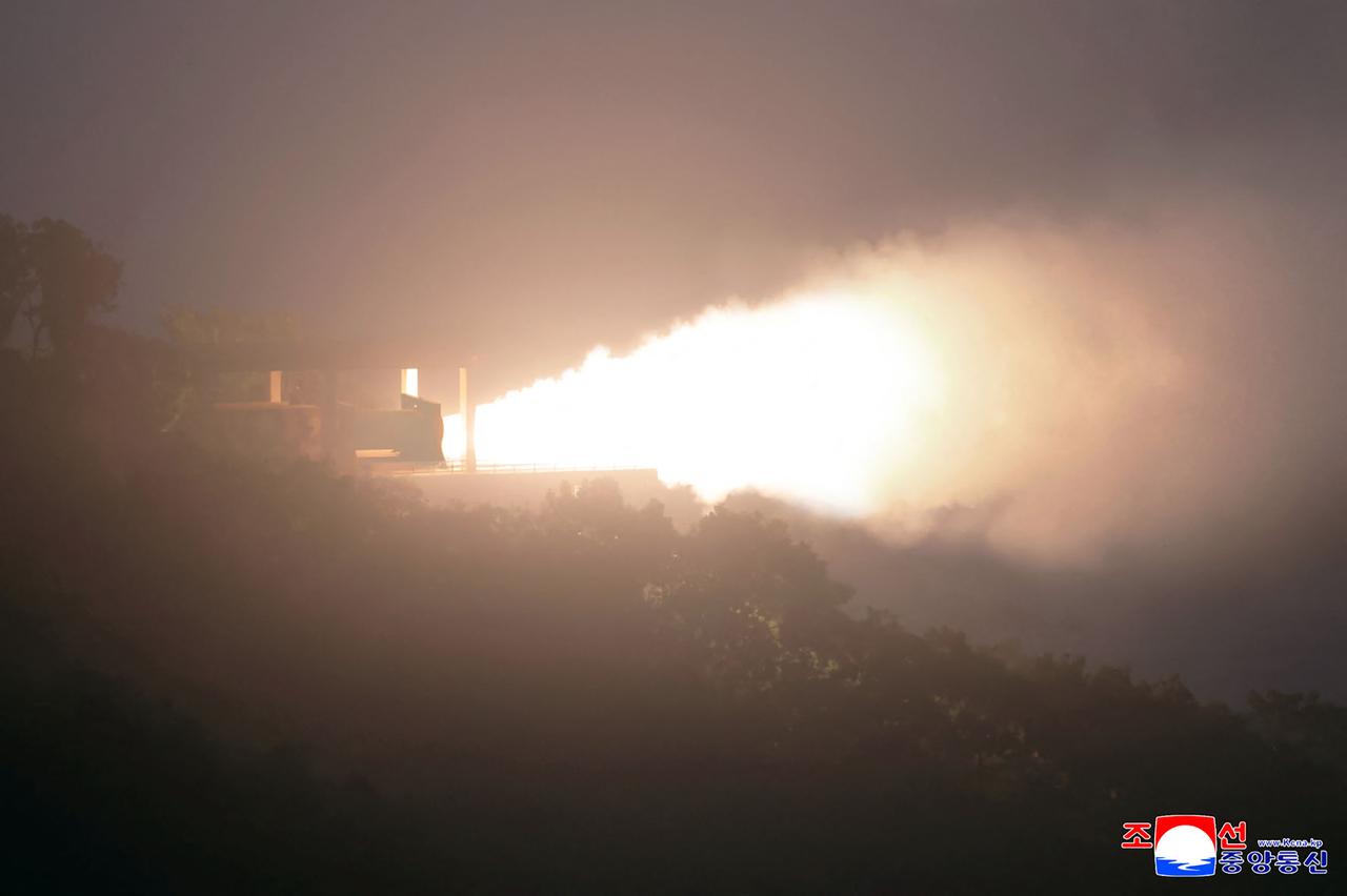 The ground combustion of a high-output solid fuel engine using carbon fiber composites, at an undisclosed location in North Korea, Sept. 8, 2025. (Photo by KCNA VIA KNS/AFP)