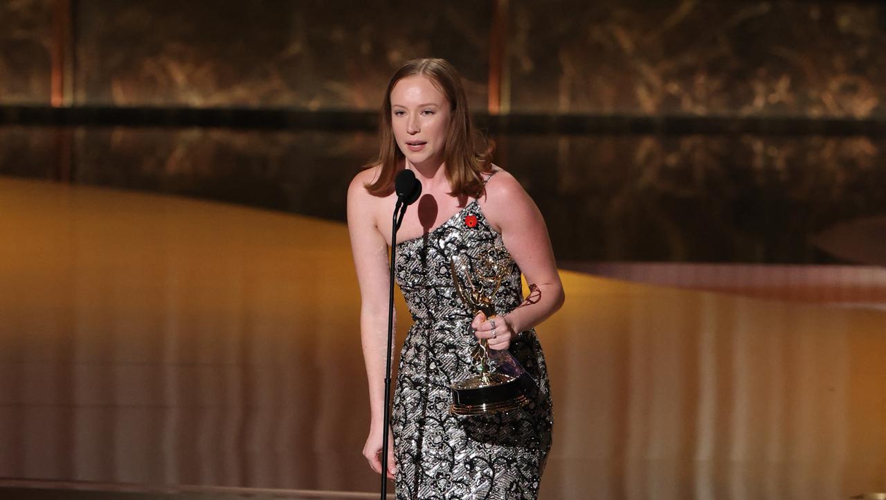 Hannah Einbinder accepts the Emmy for Outstanding Supporting Actress in a Comedy Series for Hacks on stage at the 77th Primetime Emmy Awards held at the Peacock Theater in Los Angeles, September 14, 2025. (Photo by VALERIE MACON / AFP)