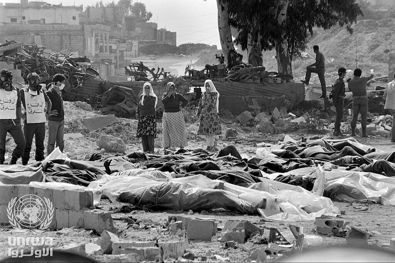"Dead bodies pile up in Shatila camp, Beirut, Lebanon, on 20 September 1982, after several hundred Palestine refugees and other civilians are massacred in the Sabra and Shatila districts of south Beirut. (UNRWA)