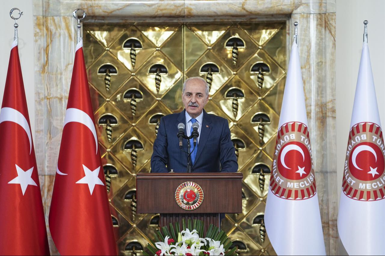 Turkish Parliament Speaker Numan Kurtulmus speaking during a meeting with officials from Turkish Cyprus in Ankara, Türkiye, Sept. 16, 2025. (AA Photo)