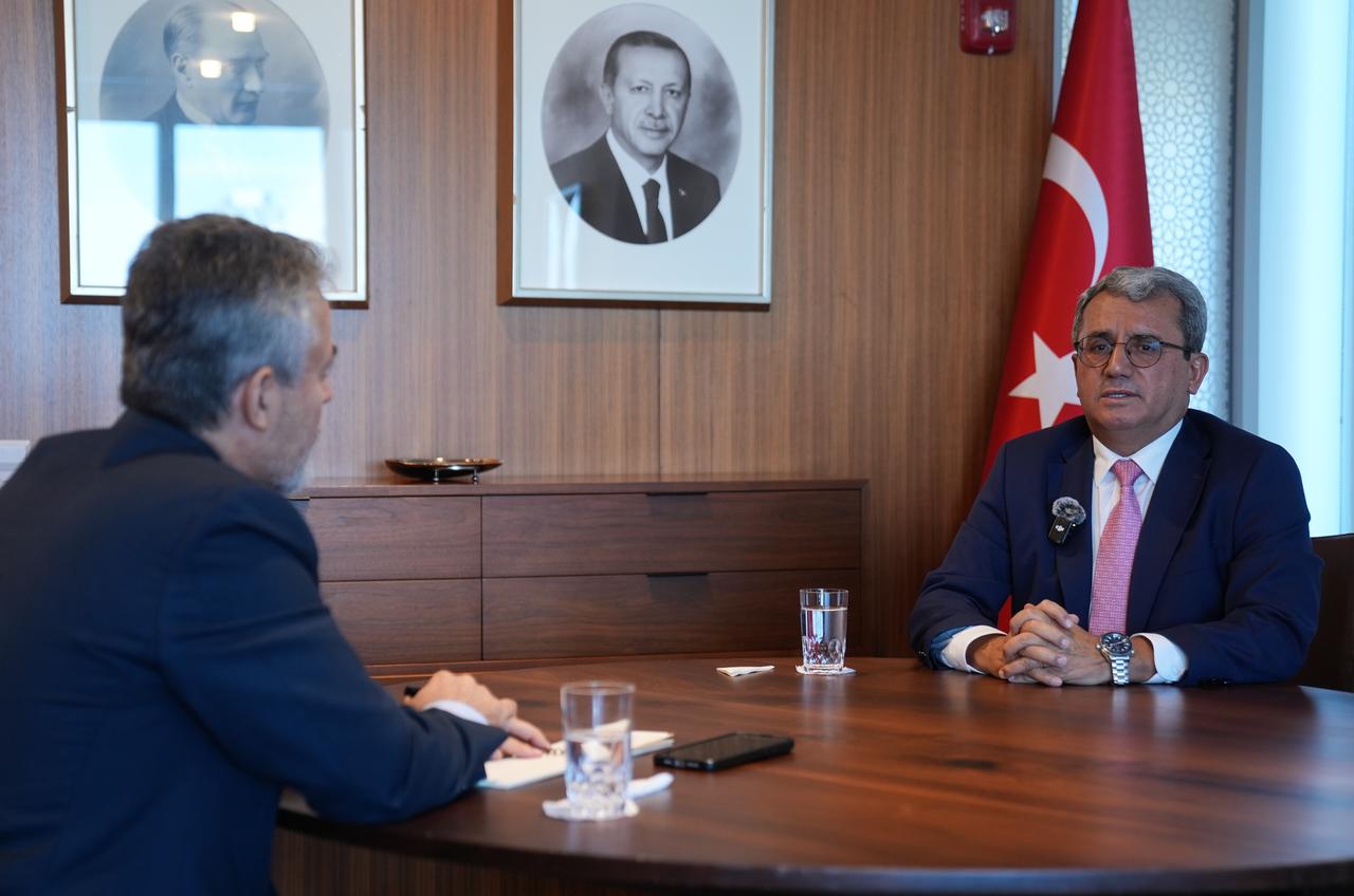 Türkiye's UN envoy Ahmet Yildiz makes a speech during an interview in New York, United States, on Sept. 12, 2025. (AA Photo)