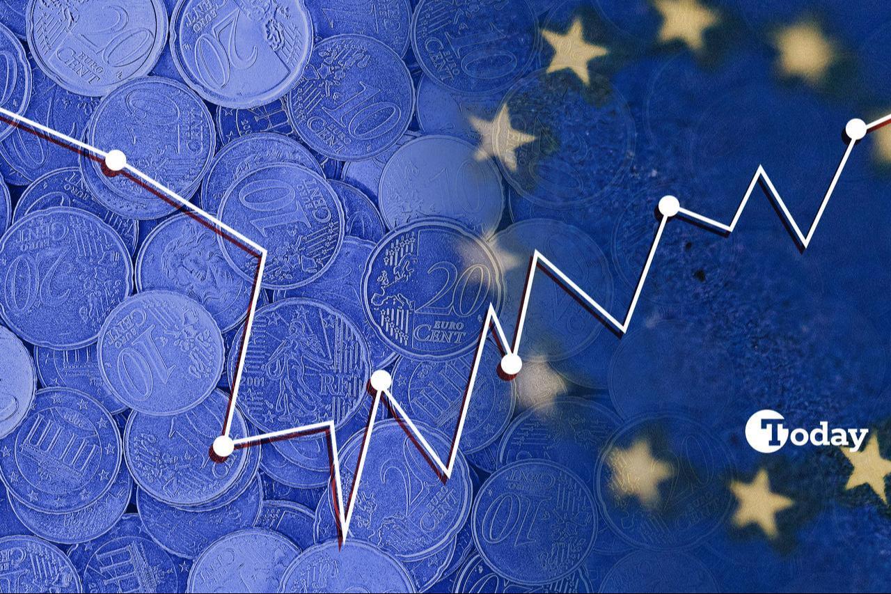 Illustration shows euro coins and the European Union flag with a line graph. (Collage by Türkiye Today)