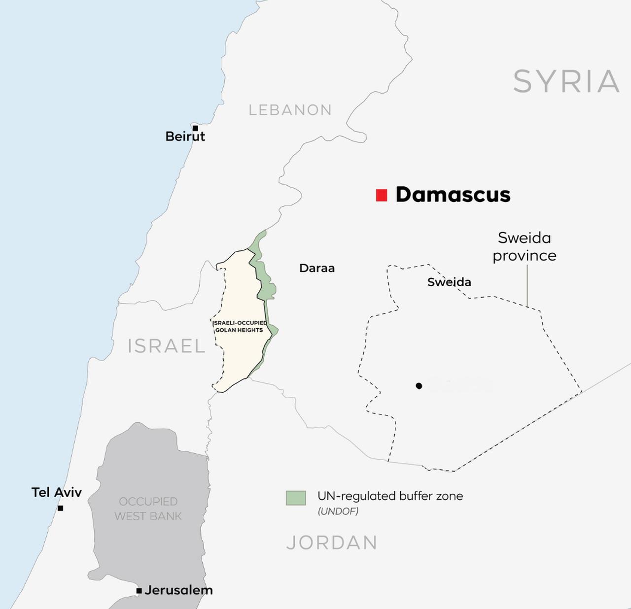 Map showing Israeli-occupied territories and the Sweida region where Druze insurgents are organizing.