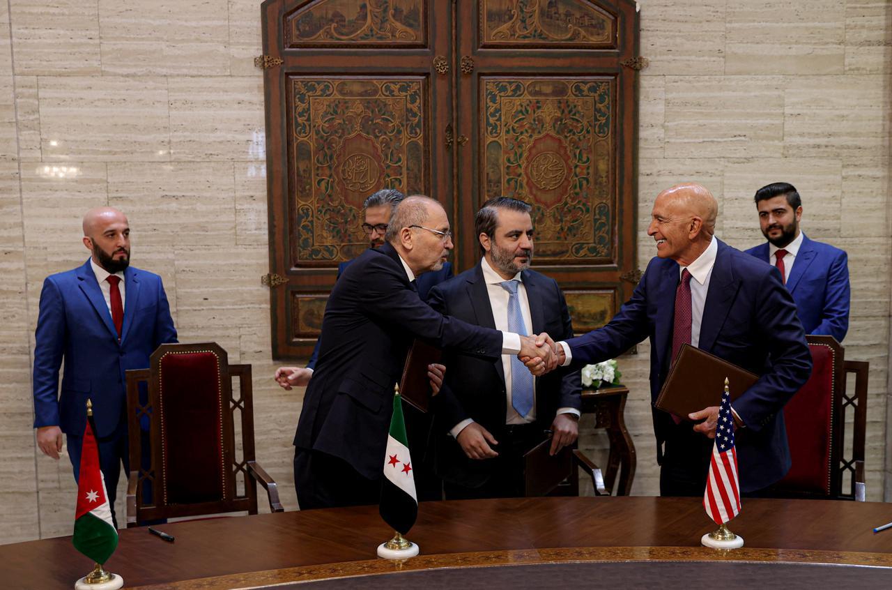 Syrian Foreign Minister Asaad al-Shaibani (C), Jordanian Foreign Minister Ayman Safadi (L), US Special Envoy for Syria, Tom Barrack (R) in Damascus, Syria, Sept. 16, 2025. (AA Photo)