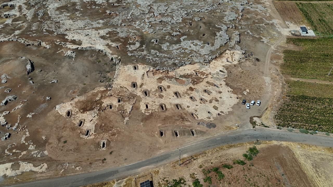 Aerial image captures the excavation area of Tharsa ancient city, where eight new chamber tombs were discovered, adding to 40 found since 2019, Adiyaman, Türkiye, September 18, 2025. (AA Photo)