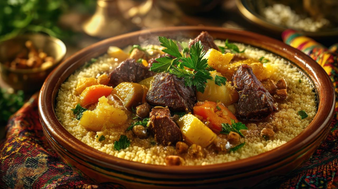 Algerian couscous served with slow-cooked lamb, vegetables, and broth, garnished with fresh parsley and cinnamon. (Adobe Stock Photo)