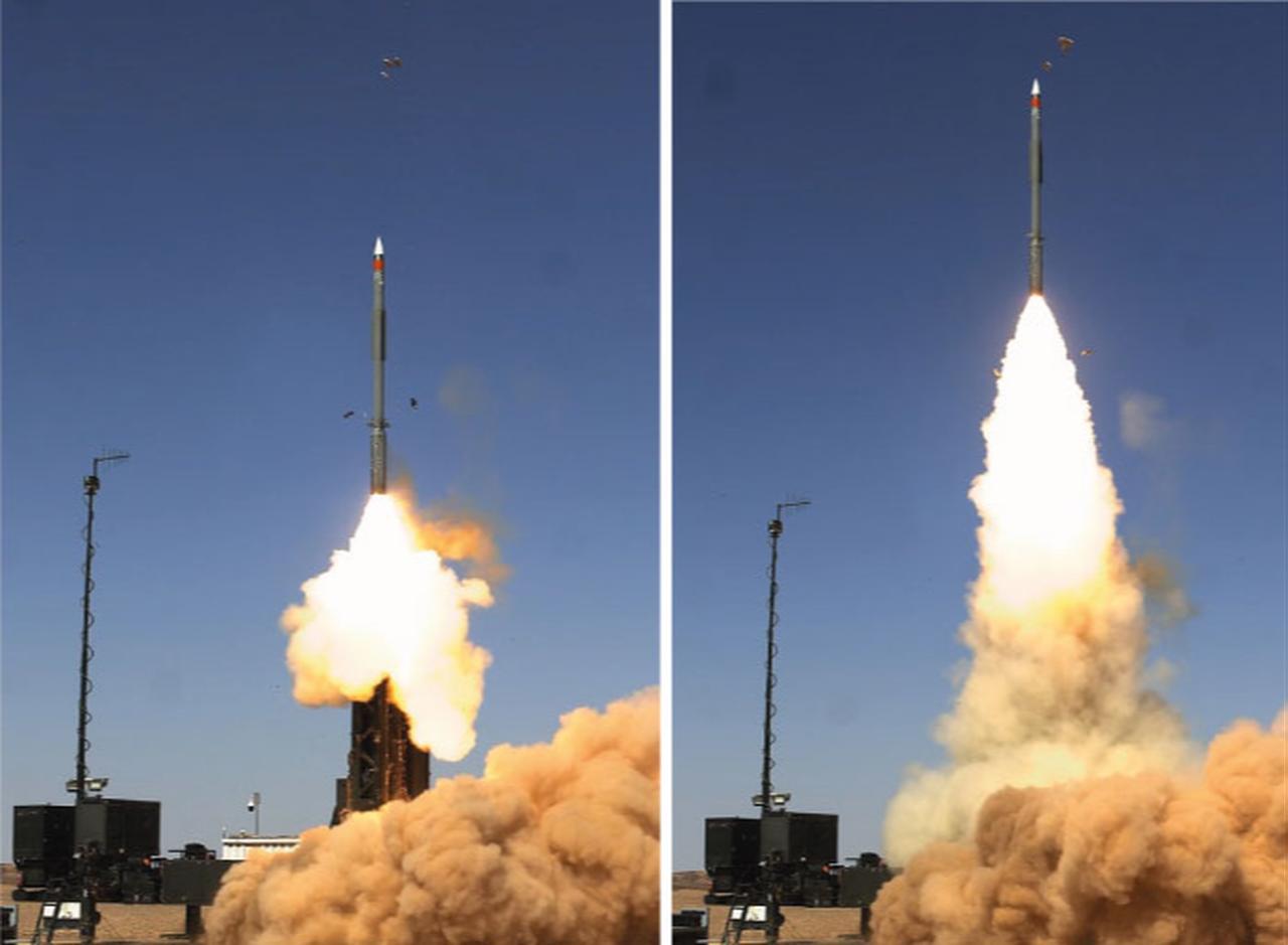 The photo shows a missile that was launched from Israel's Barak MX air defense systems at an undated time and location. (Photo via IAI)