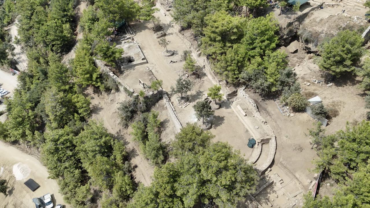 An aerial view of the 1,800-year-old stadium unearthed in the ancient city of Syedra in Alanya, Antalya, Türkiye, Sept. 18, 2025. (AA Photo)