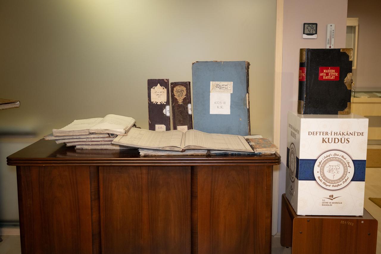 Centuries-old Ottoman land and waqf registers of Jerusalem displayed at the archives of the General Directorate of Land Registry and Cadastre in Ankara, Türkiye, Sept. 18, 2025. (AA Photo)