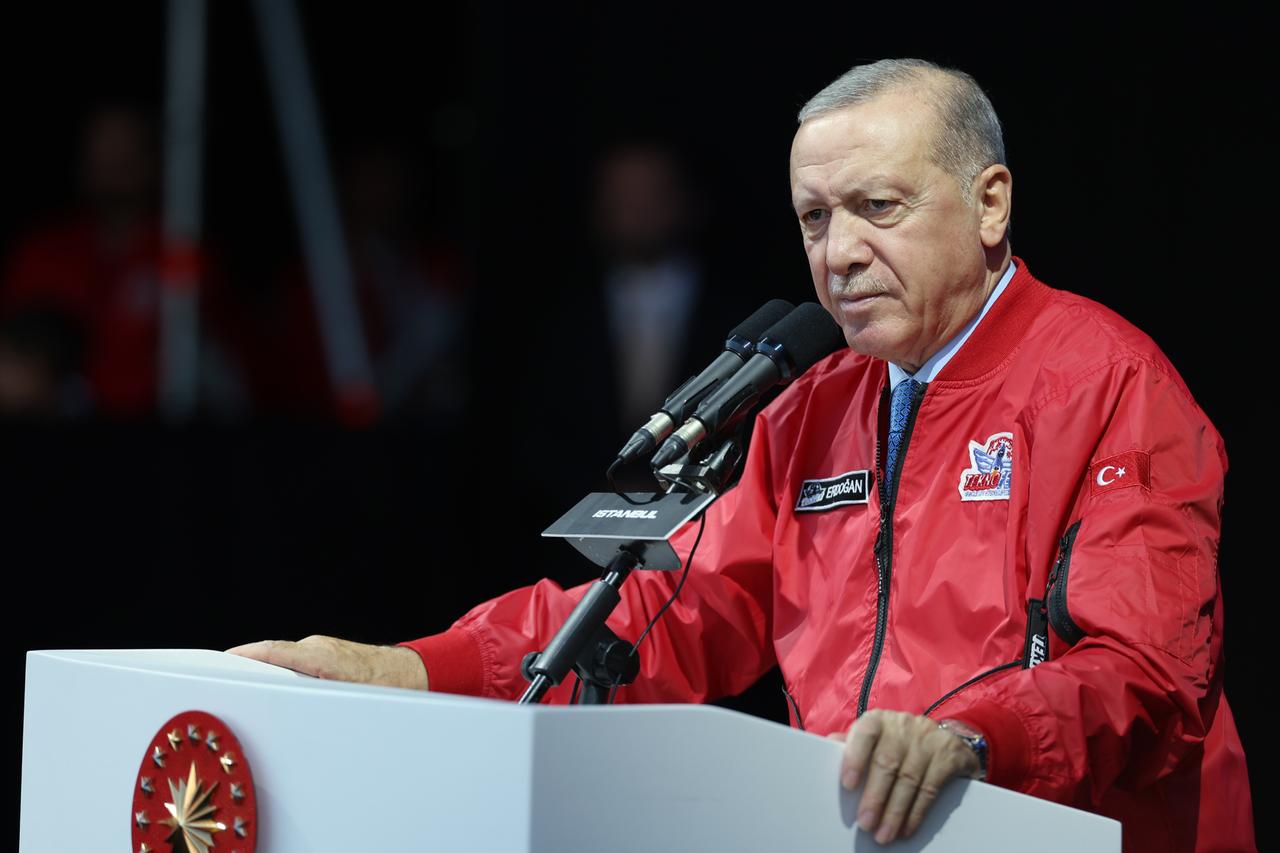 President Recep Tayyip Erdogan delivers remarks during the third day of Türkiyes premier technology and aerospace event, TEKNOFEST, organized under the leadership of the Turkish Ministry of Industry and Technology on Sep. 19, 2025, in Istanbul, Türkiye. (TUR Presidency / AA Photo)