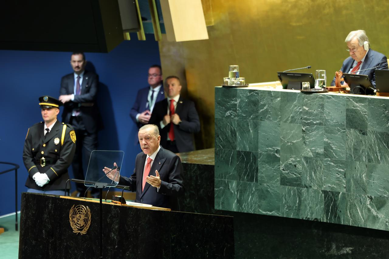 Turkish President Recep Tayyip Erdogan delivers his remarks during the 79th Session of the U.N. General Assembly (UNGA 79) in New York, United States on Sept. 24, 2024. (Turkish Presidency / AA Photo)