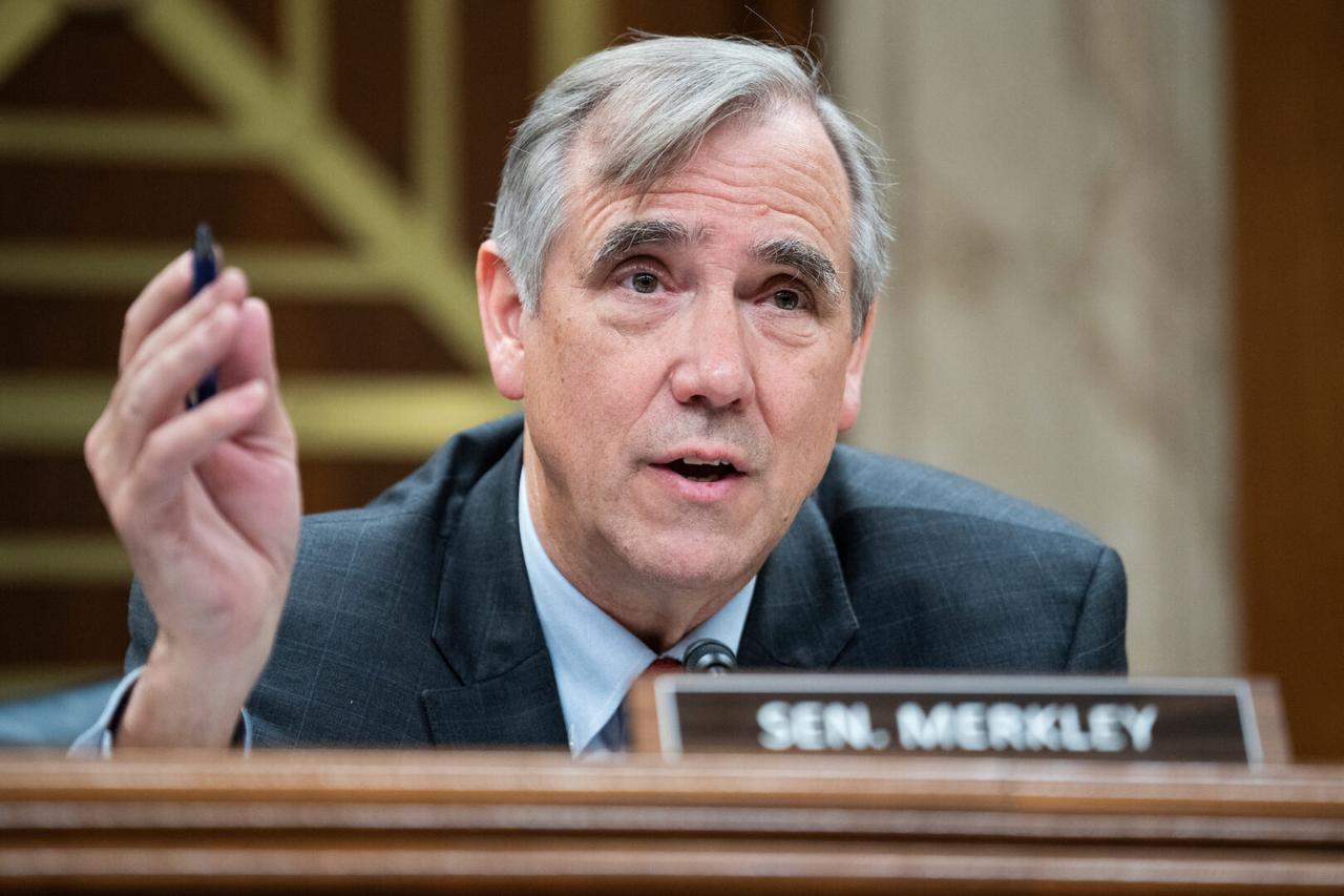 Chairman Jeff Merkley, D-Ore., questions U.S. Forest Service Chief Randy Moore during the Senate Appropriations Subcommittee on Interior, Environment and Related Agencies Committee hearing on the FY2023 Forest Service budget in Dirksen Building on May 4, 2022. (Photo via Tom Williams/CQ Roll Call)