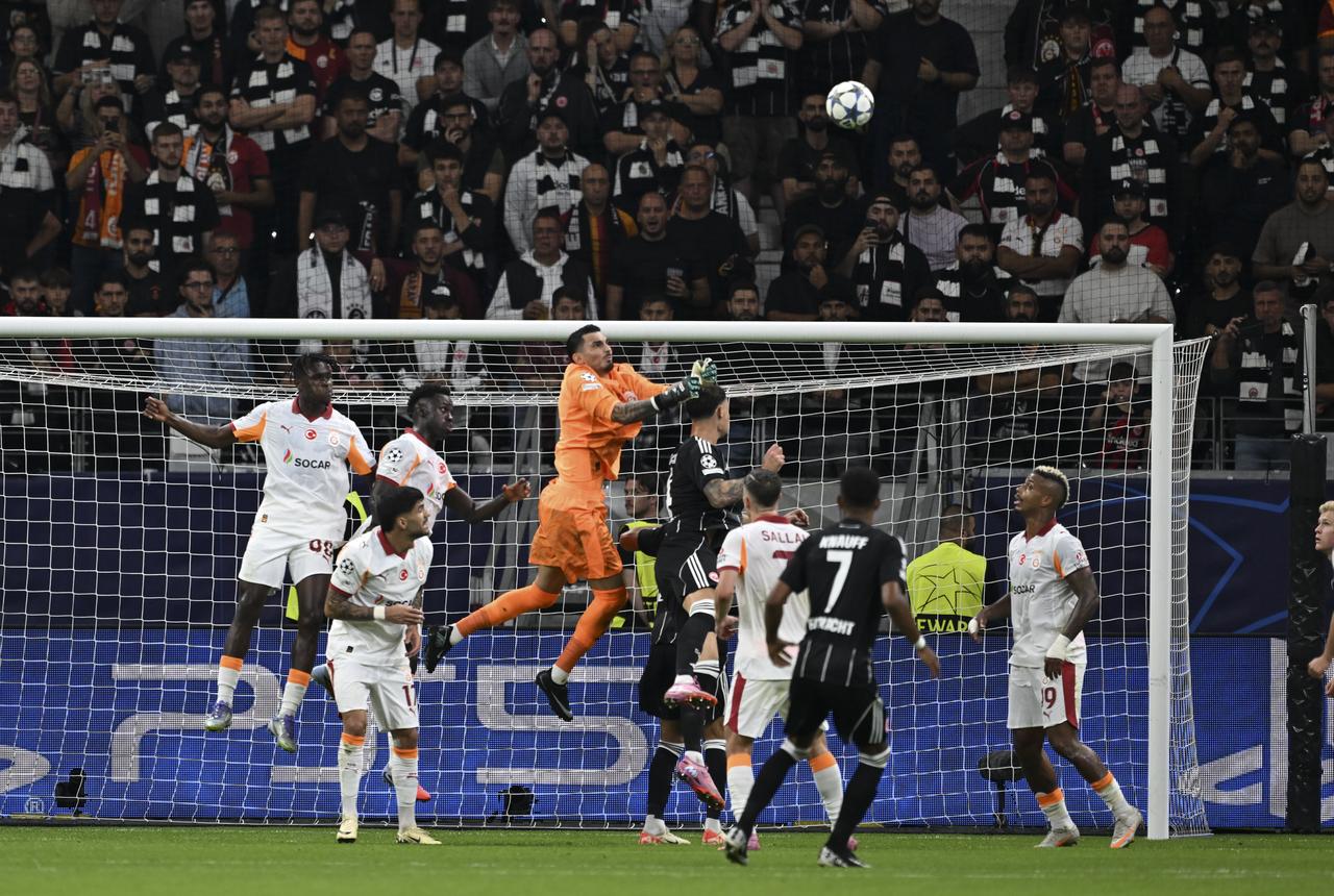 Galatasaray goalkeeper Ugurcan Cakir (1) in action against opponents during the UEFA Champions League group stage match between Eintracht Frankfurt and Galatasaray at Deutsche Bank Park in Frankfurt, Germany, September 18, 2025. (AA Photo)