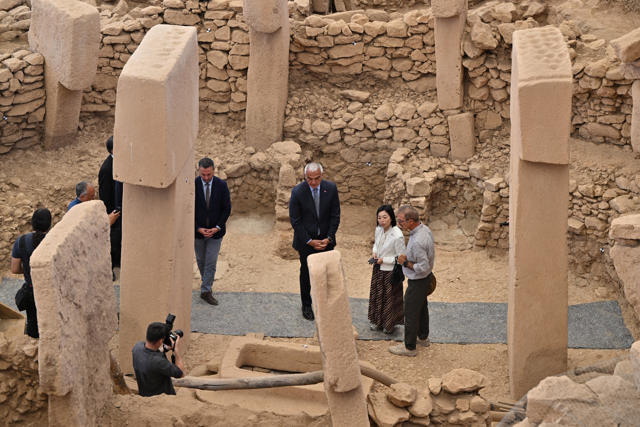 Culture Minister Mehmet Nuri Ersoy and Japan’s Princess Akiko Mikasa visit Gobeklitepe after the announcement of a newly discovered human statue, Sanliurfa, Türkiye, September 19, 2025. (AA Photo)