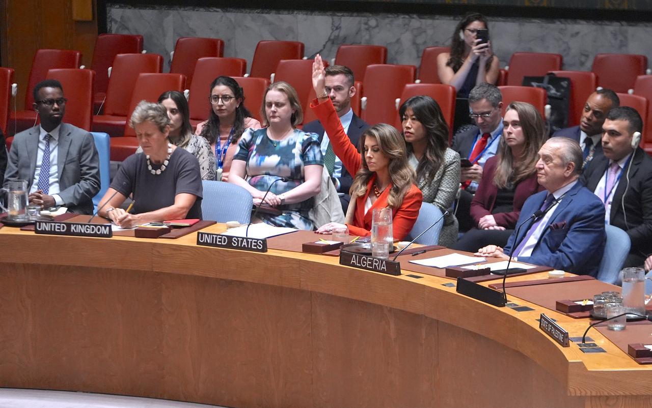 Morgan Ortagus, Deputy United States Special Envoy, raises her hand during a vote on a draft resolution demanding a ceasefire and aid access in Gaza at U.N. headquarters in New York, U.S. on Sept. 18, 2025. (AA Photo)