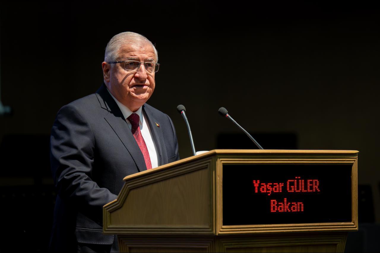 Defense Minister Yasar Guler speaks at the Sept. 19 Veterans Day Ceremony at the Ministry of National Defense's Ataturk Cultural Center in Ankara, Türkiye, Sept. 19, 2025. (AA Photo)