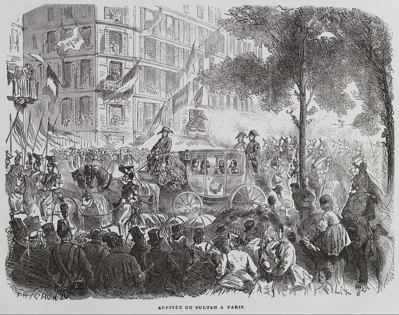 Sultan Abdulaziz, accompanied by Emperor Napoleon III, arrives in Paris, France, 1867. (Image via Wikimedia)