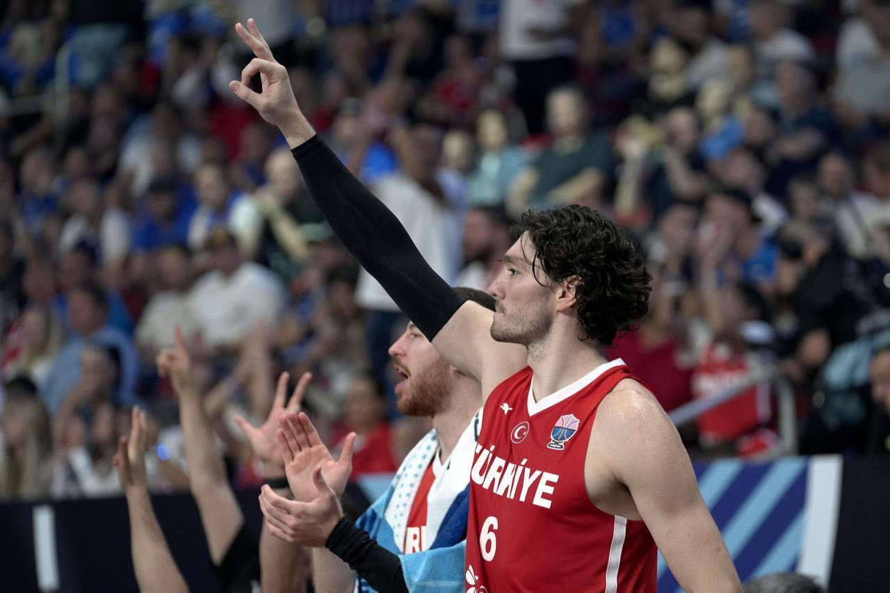 Cedi Osman of Türkiye celebrates after scoring a point during the FIBA EuroBasket 2025 Group A basketball match between Türkiye and Estonia in Riga, Latvia, September 01, 2025. (AA Photo)