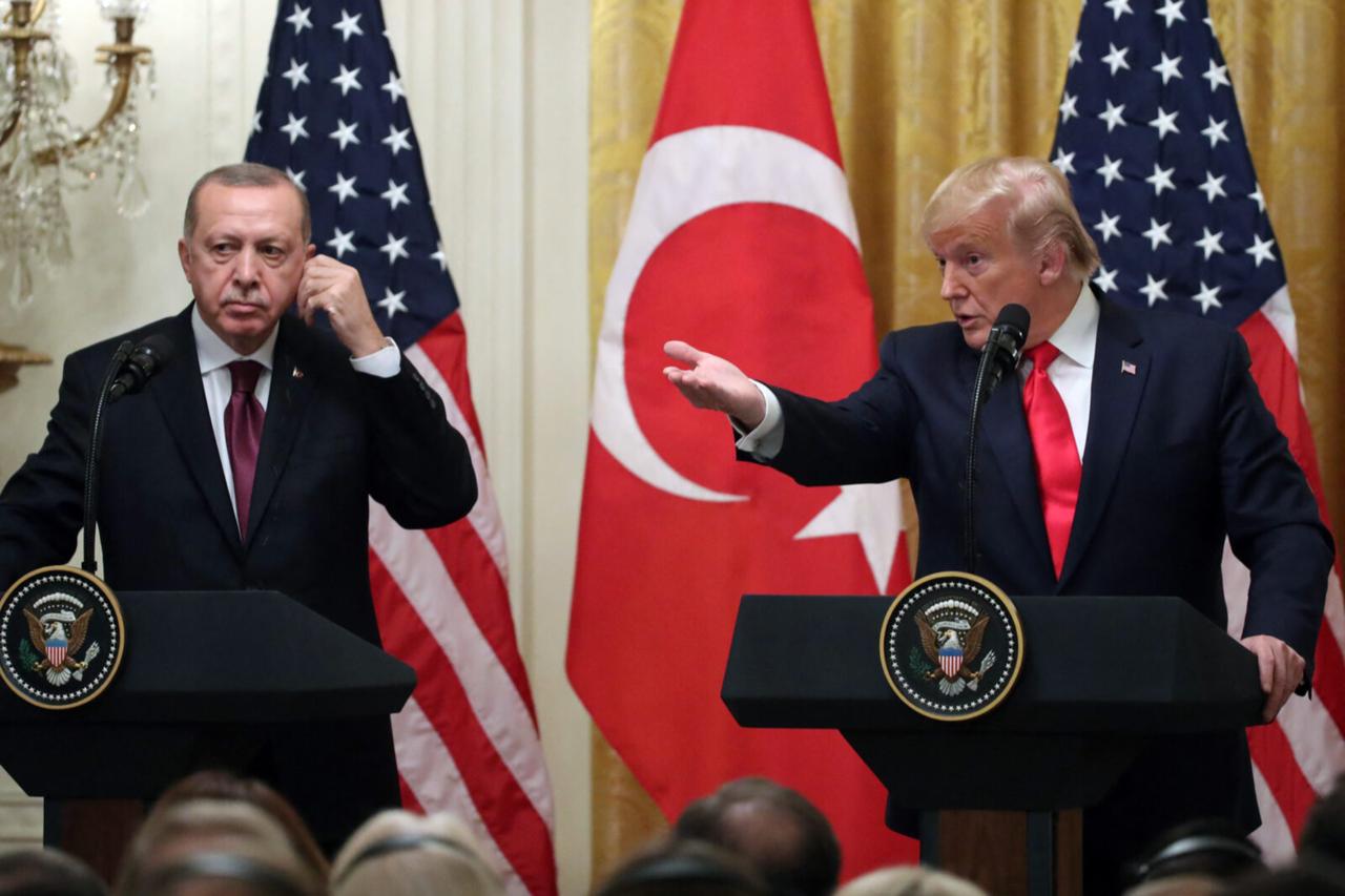 U.S. President Donald Trump and President Recep Tayyip Erdogan participate in a joint news conference in the East Room of the White House, Washington, D.C., Nov. 13, 2019. (AFP Photo)