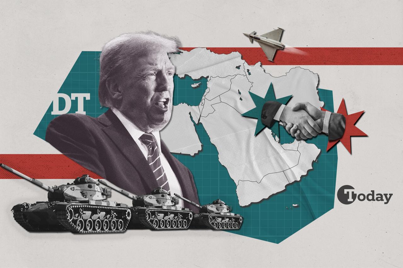Illustration shows U.S. President Donald Trump, military hardware, and a map of the Middle East. (Collage by Türkiye Today)