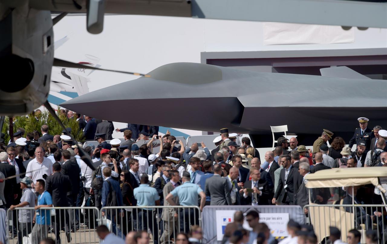 The full-scale jet fighter model of French-German-Spanish new generation Future Combat Air System (FCAS) is presented during 53rd International Paris Air Show, Paris, June 17, 2019. (AFP Photo)