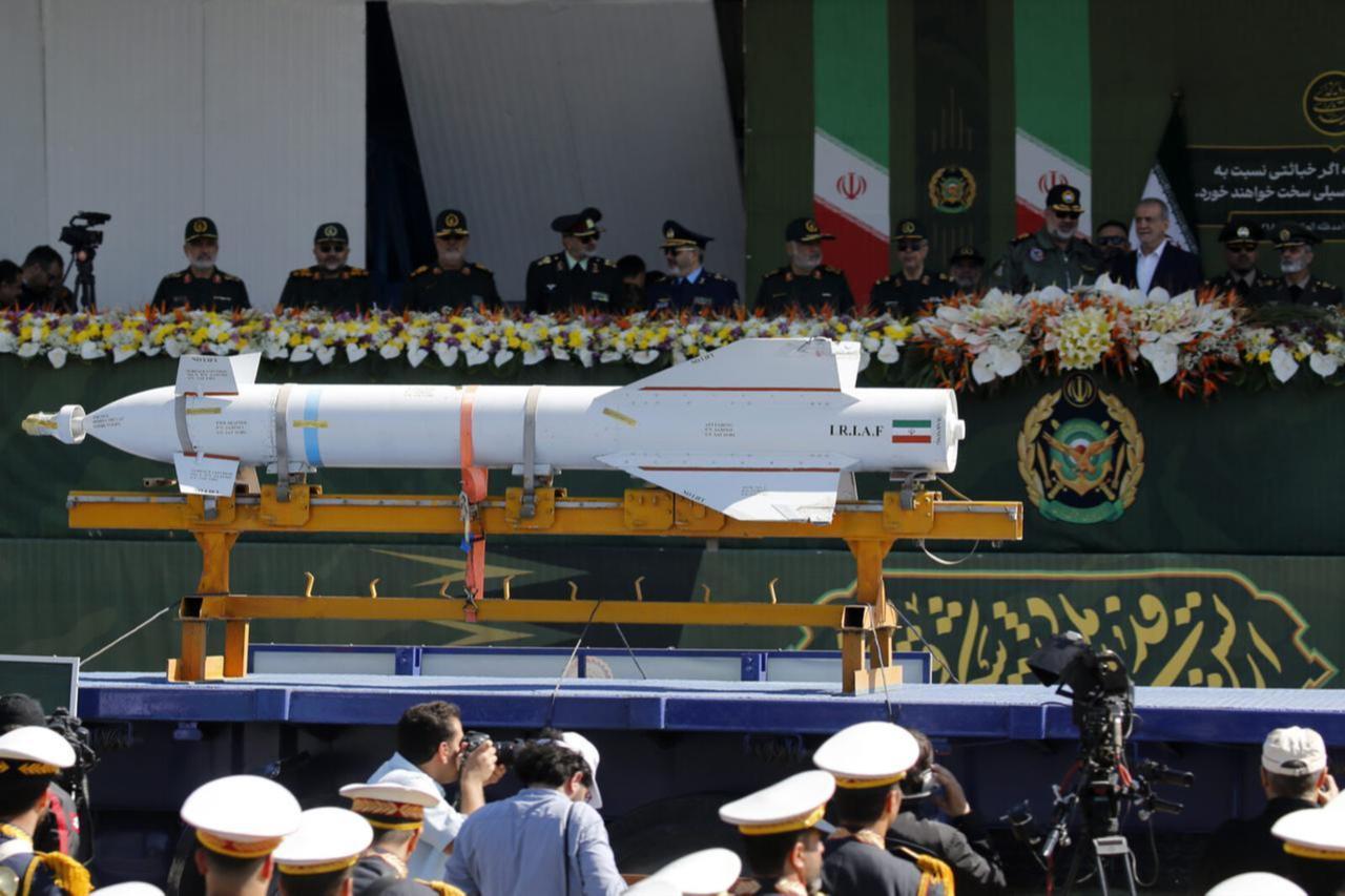 Iranian President Masoud Pezeshkian (3rd R) and senior civilian and military officials attend a parade of Iranian land, naval, air and special forces soldiers on the occasion of National Army Day in Tehran, capital of Iran on April 18, 2025. (AFP Photo)