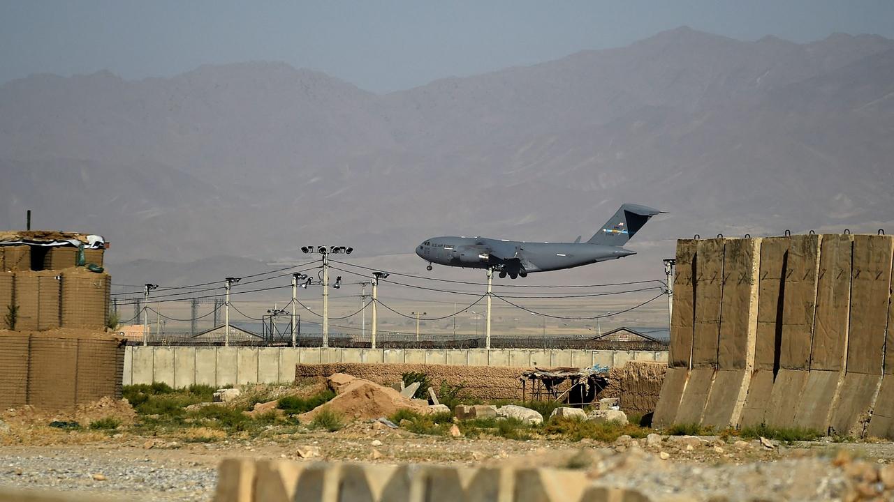 A US Air Force transport plane lands at the Bagram Air Base in Bagram on July 1, 2021. (AFP Photo)