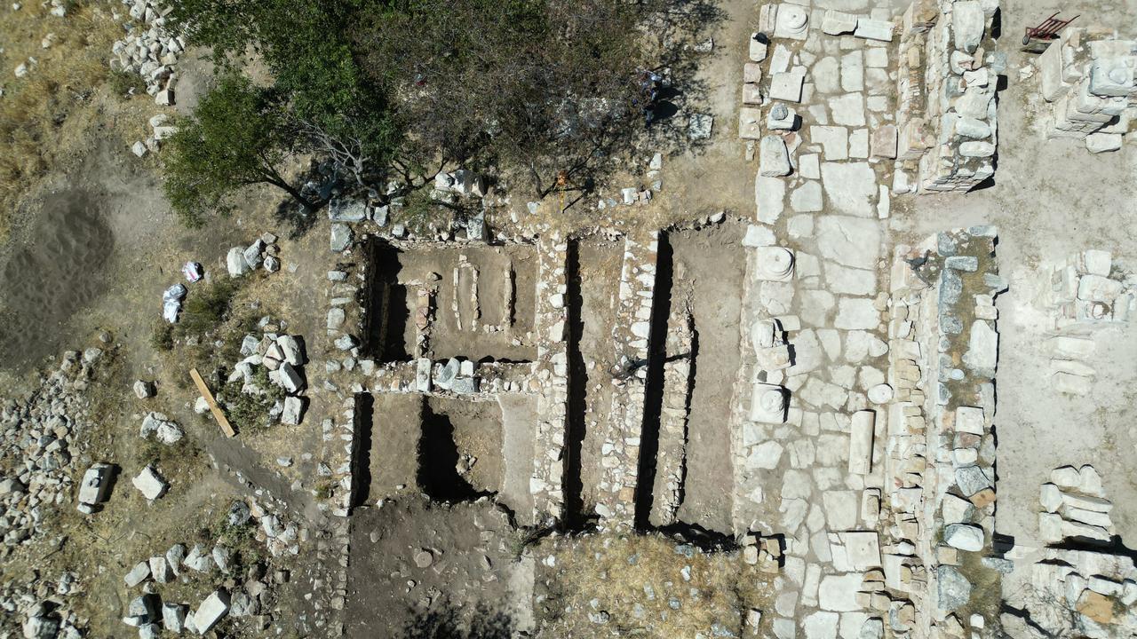 Aerial view of structures used as a pantry and cookhouse were identified during excavation works at the 2,200-year-old Timbriada Ancient City in Isparta's Aksu district. (AA Photo)