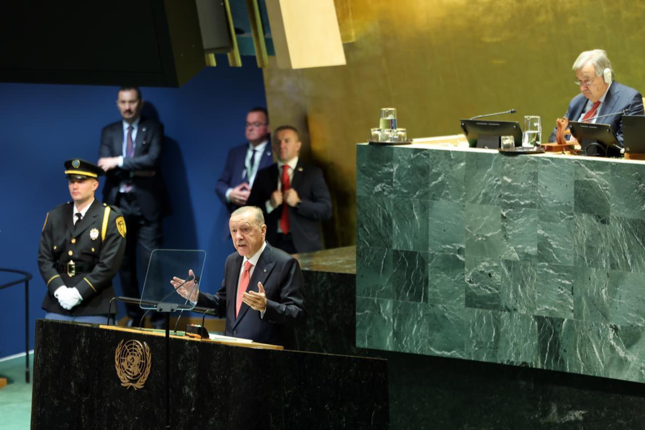 Turkish President Recep Tayyip Erdogan delivers his remarks during the 79th Session of the U.N. General Assembly (UNGA 79) in New York, United States on Sept. 24, 2024. (Turkish Presidency / AA Photo)